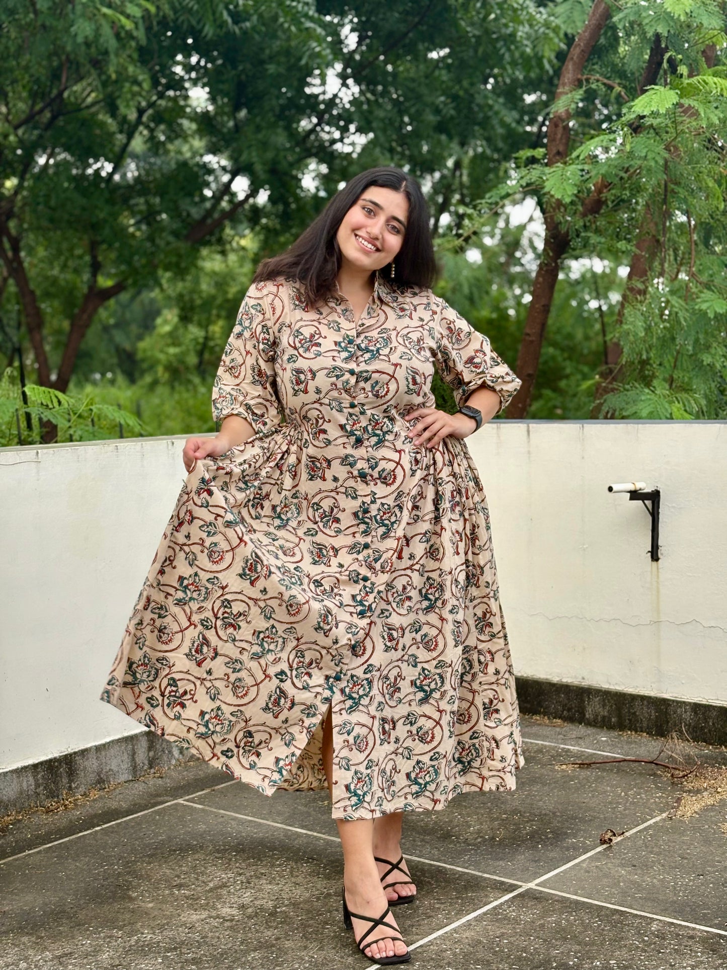 Cream & Teal Floral Shirt Dress