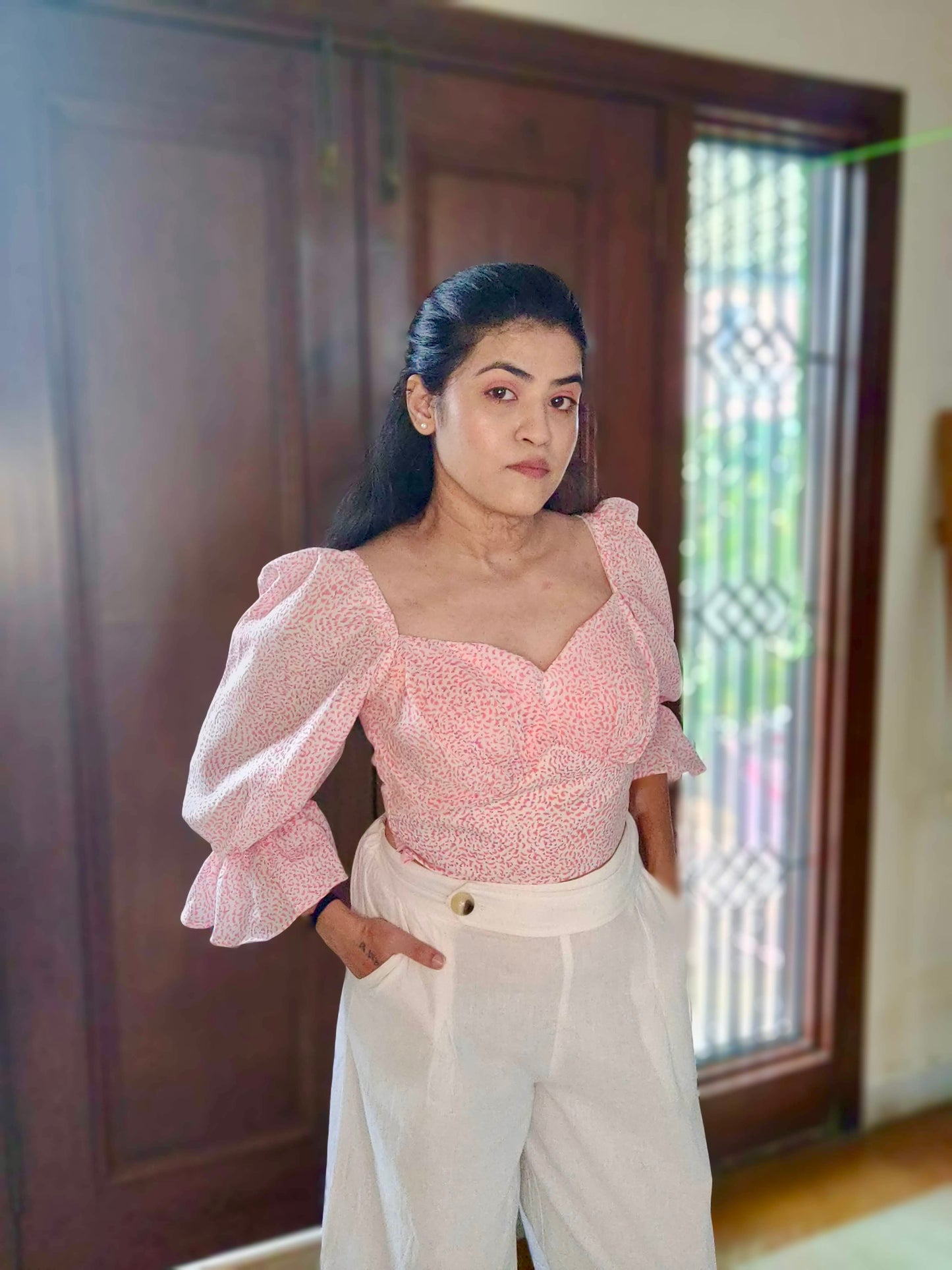 White & Peach Printed Crop Top