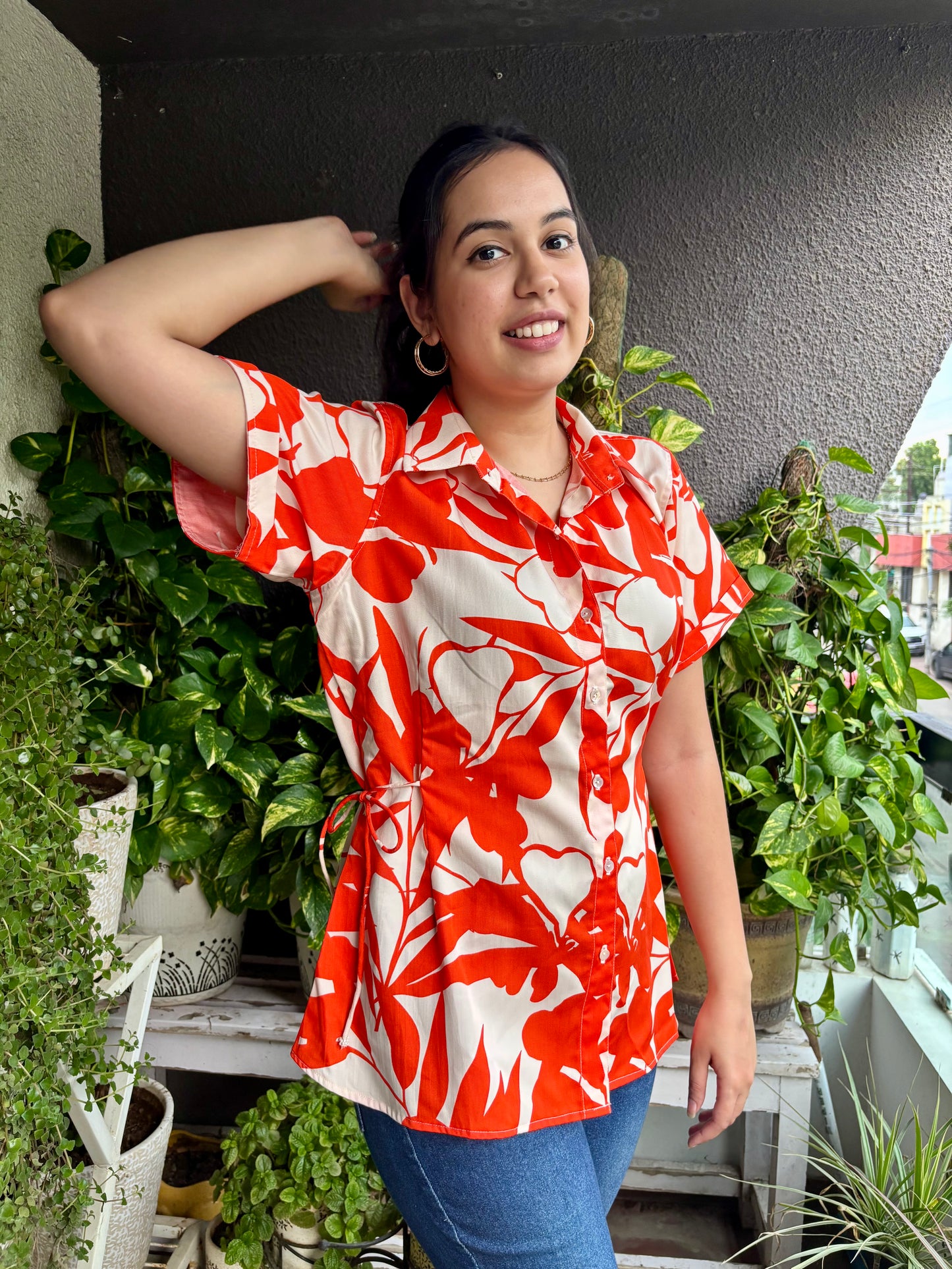 Orange Floral Print Cotton Shirt