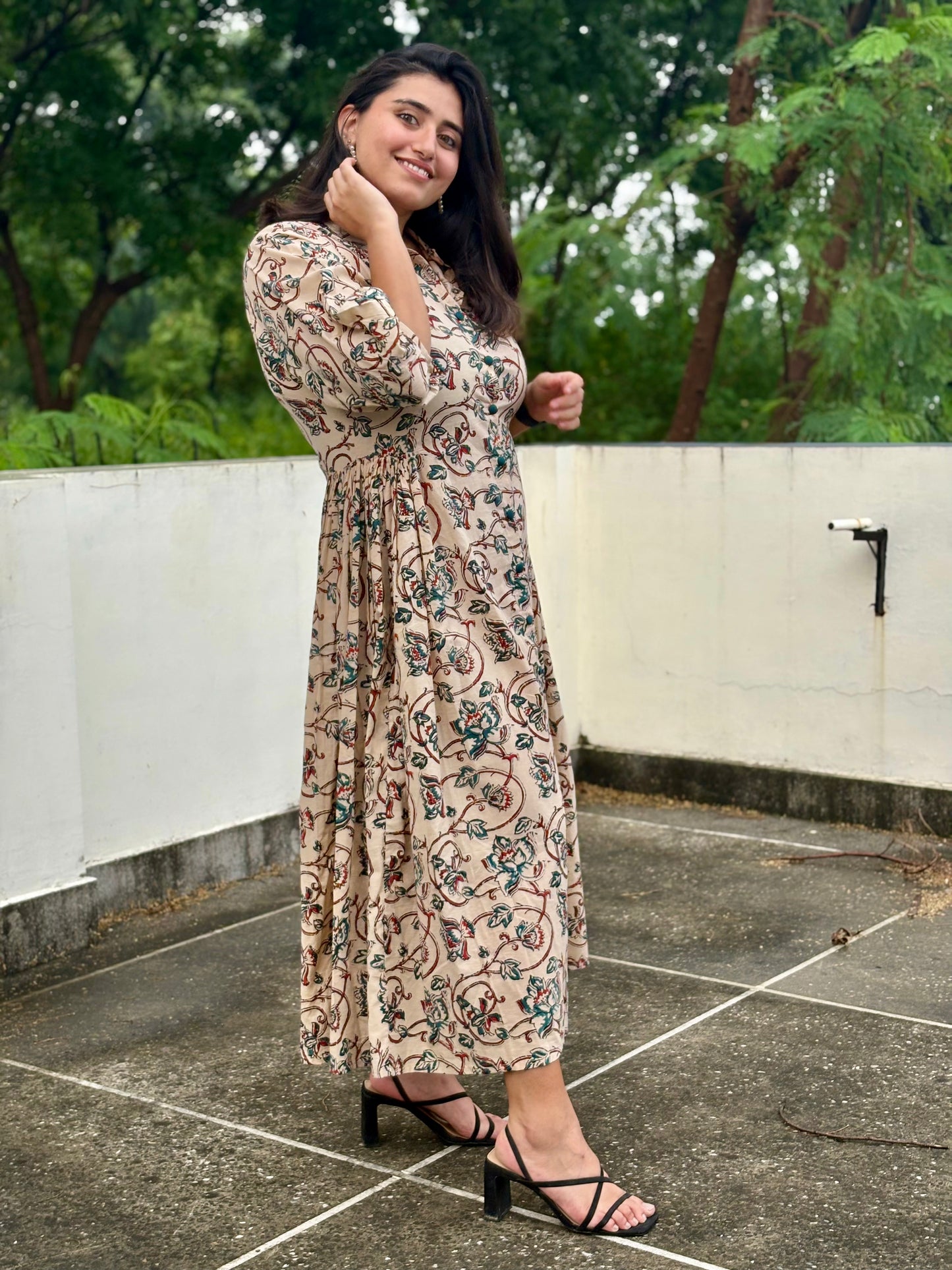Cream & Teal Floral Shirt Dress