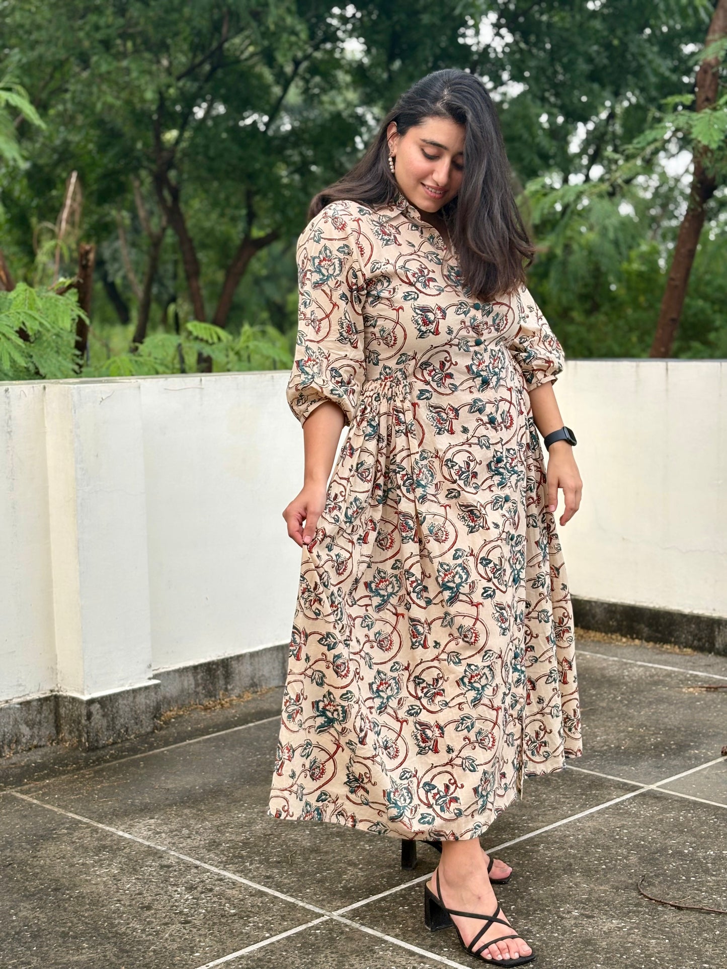 Cream & Teal Floral Shirt Dress