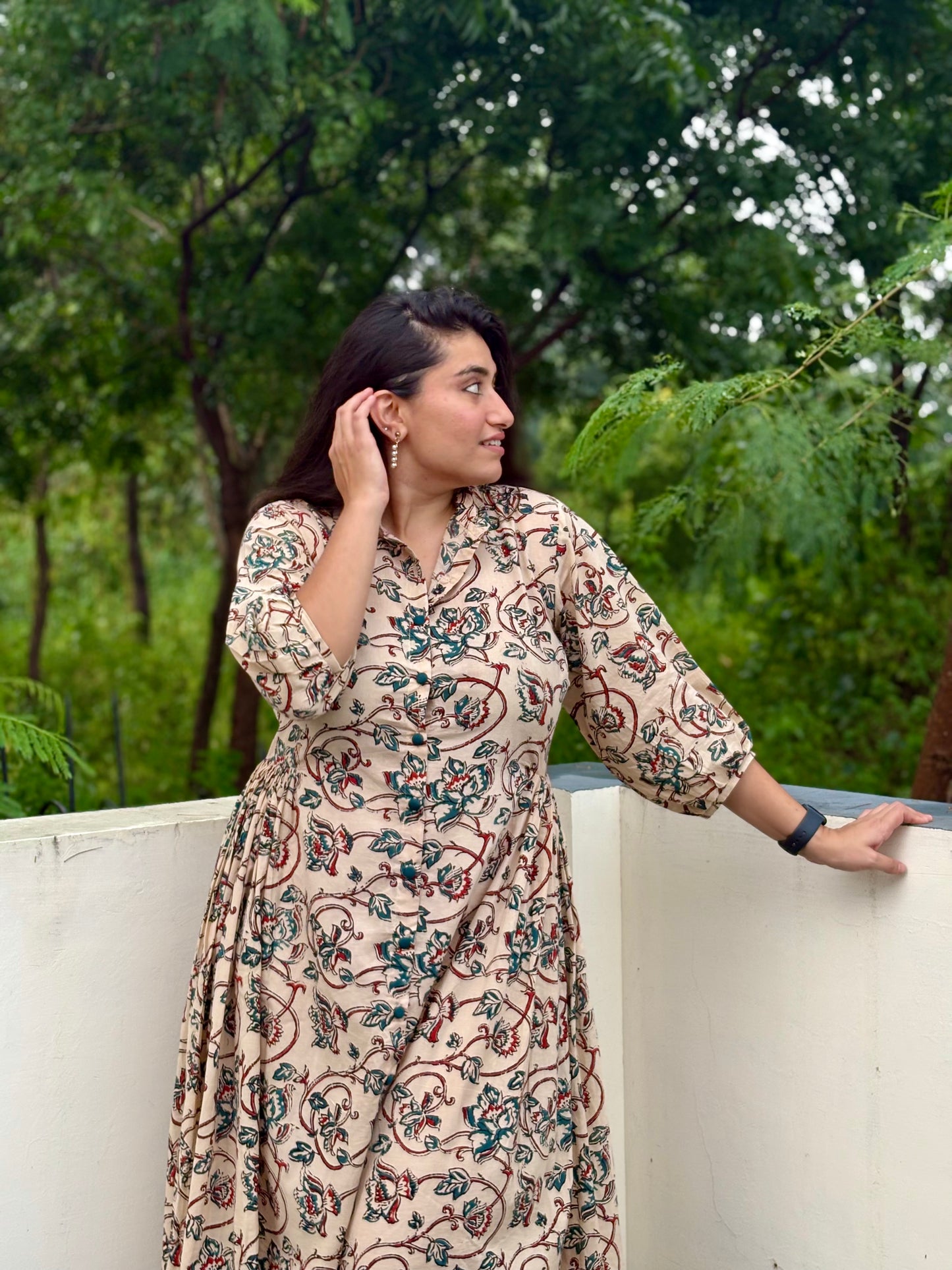 Cream & Teal Floral Shirt Dress