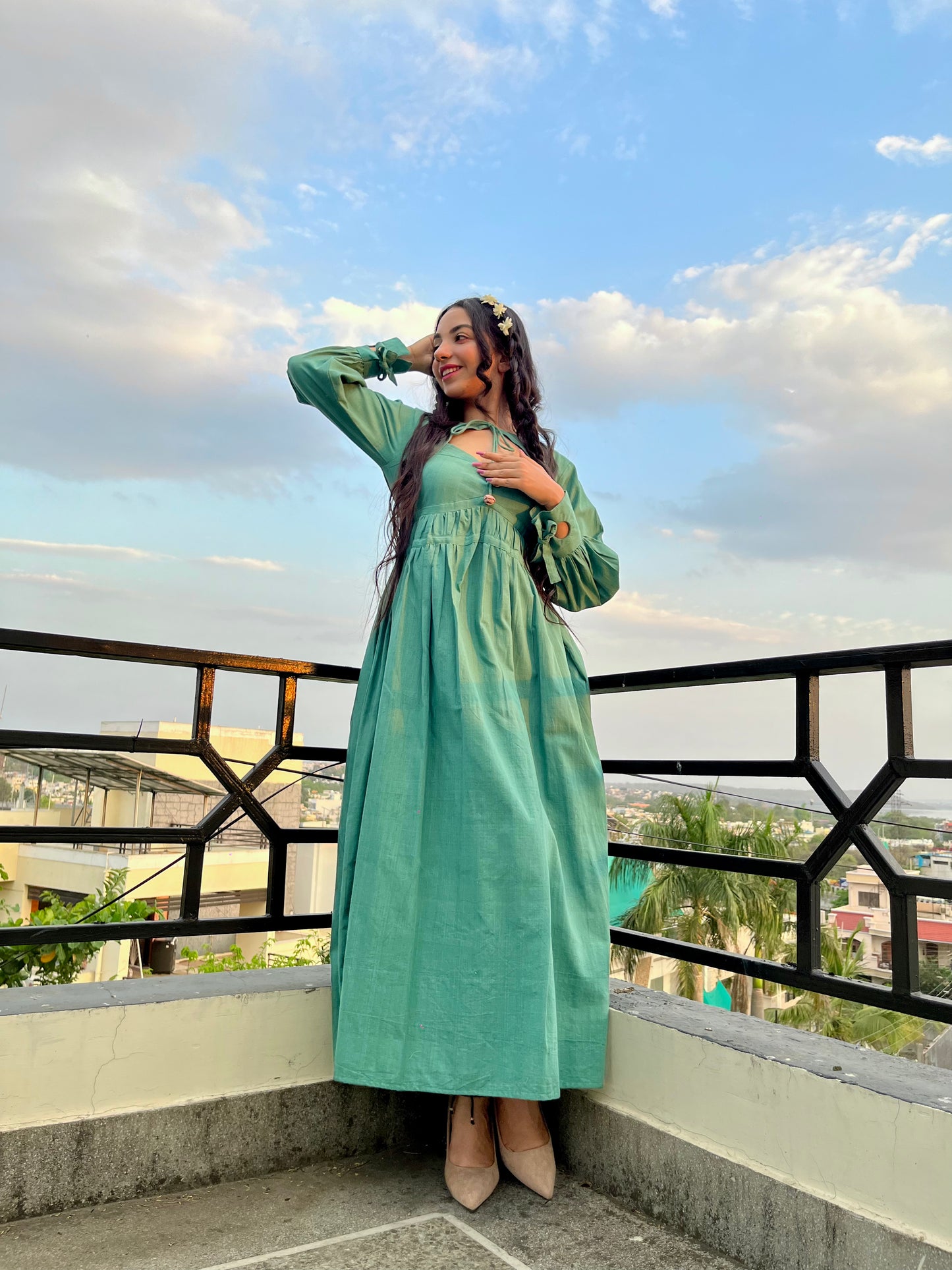 Green Handloom Khadi Cotton Maxi Dress