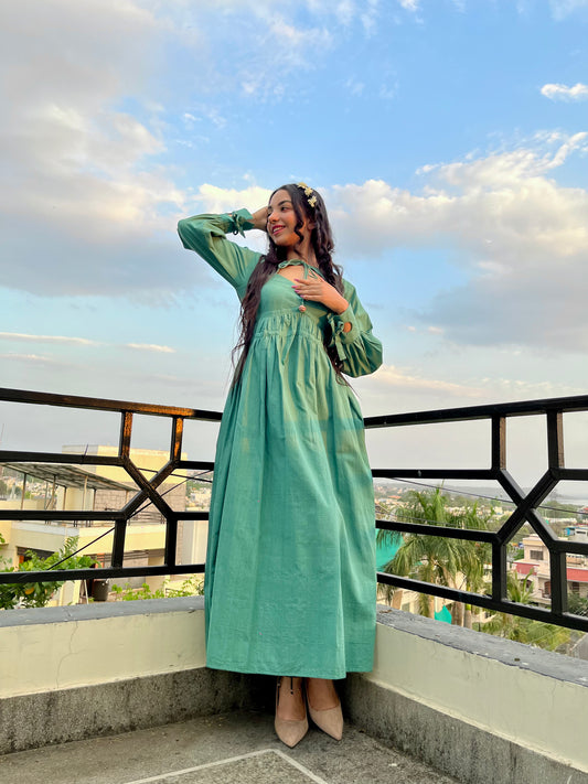 Green Handloom Khadi Cotton Maxi Dress