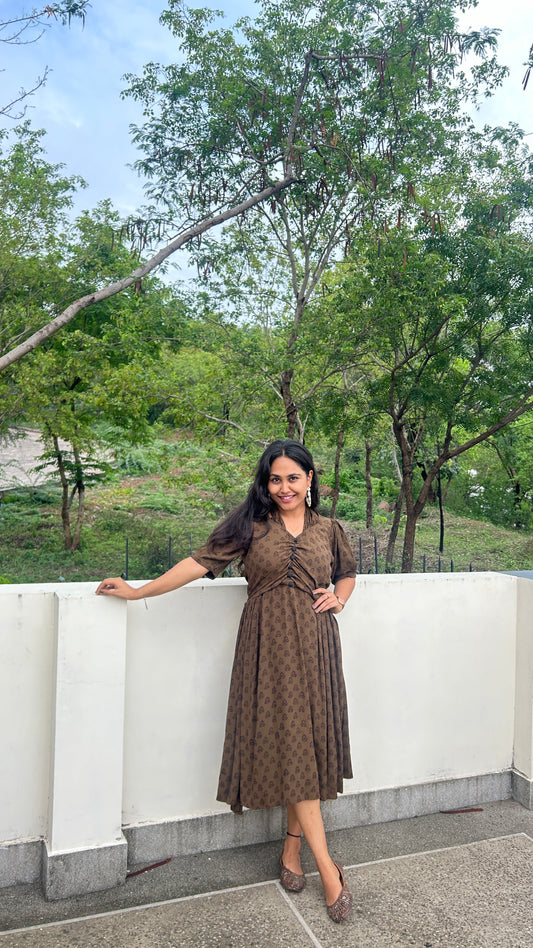 Dark Green Handblock Printed Dress