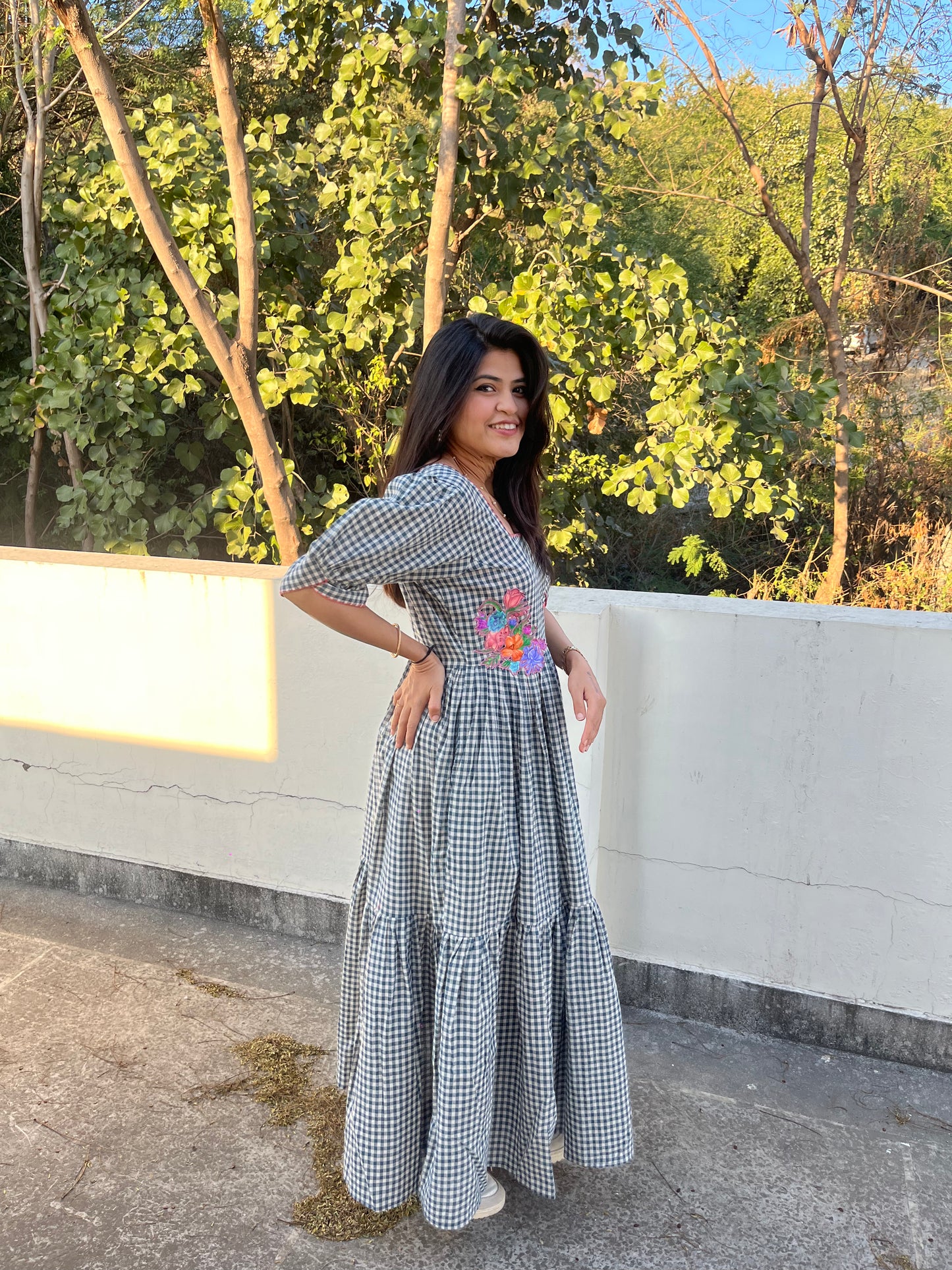 Teal & Off-White Checkered Maxi Dress