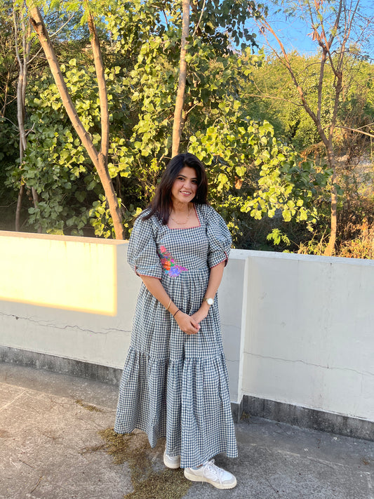 Teal & Off-White Checkered Maxi Dress