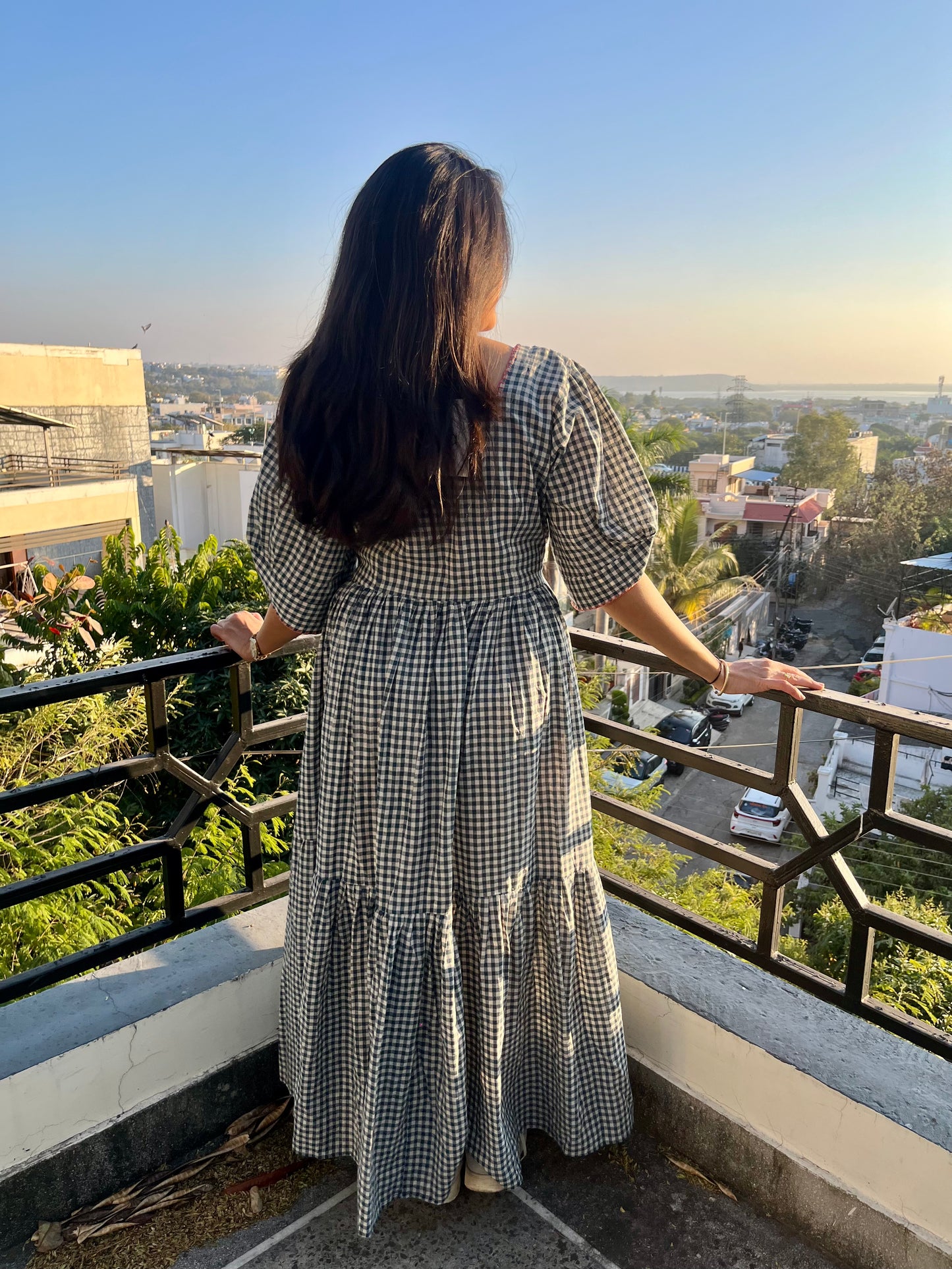 Teal & Off-White Checkered Maxi Dress