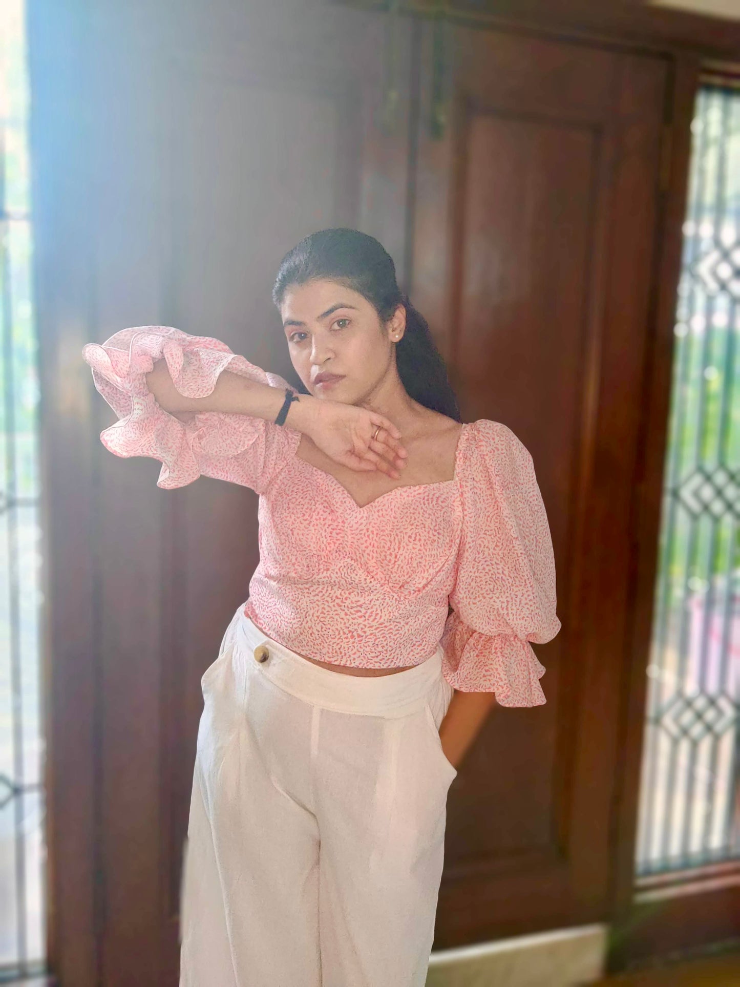 White & Peach Printed Crop Top