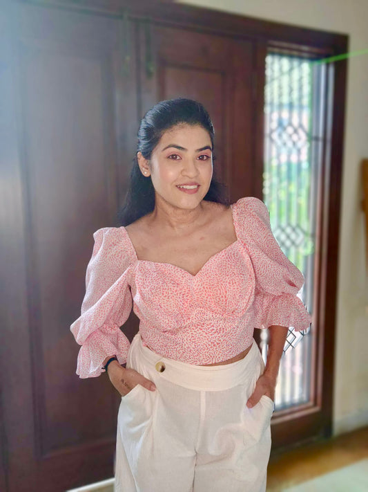 White & Peach Printed Crop Top