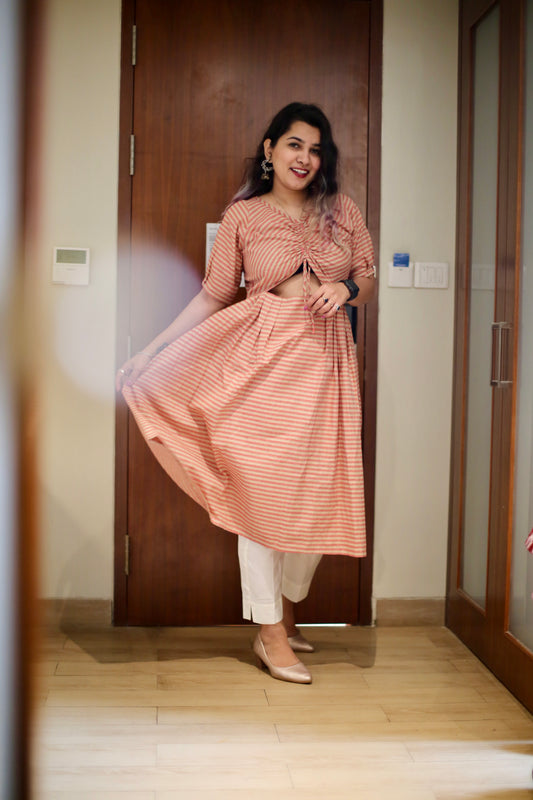 Coral Red & Beige Striped Dress