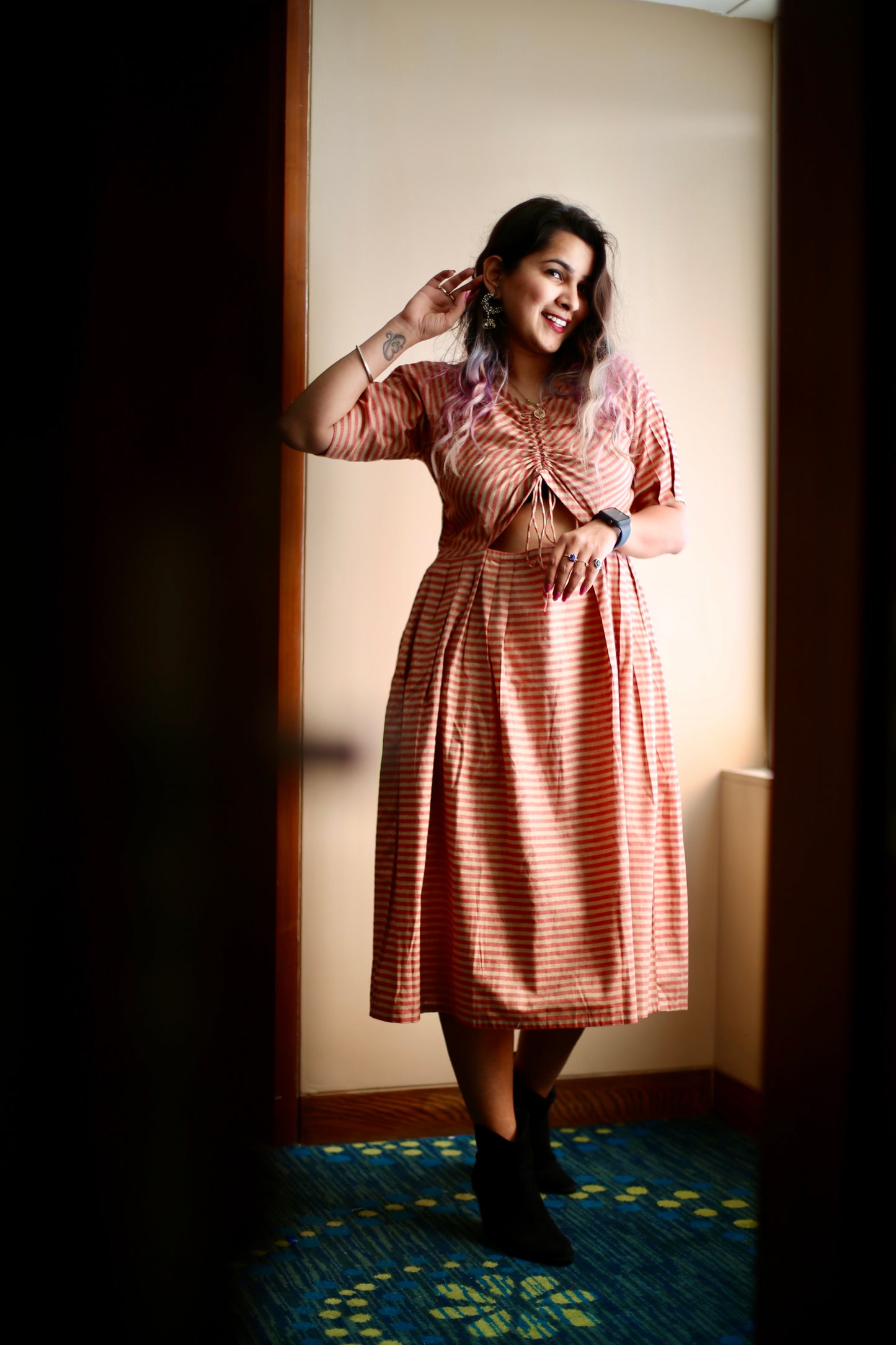 Coral Red & Beige Striped Dress