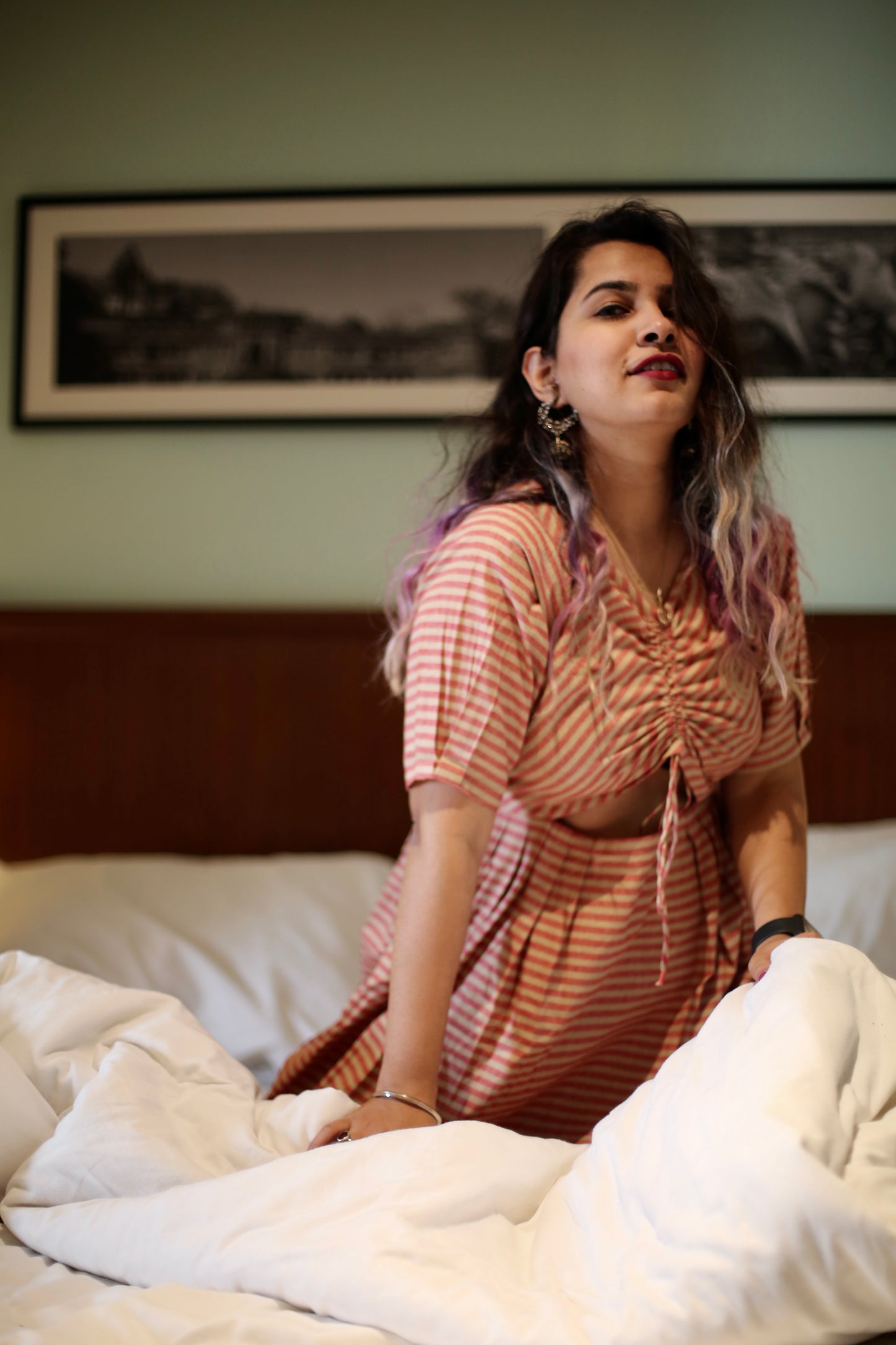 Coral Red & Beige Striped Dress
