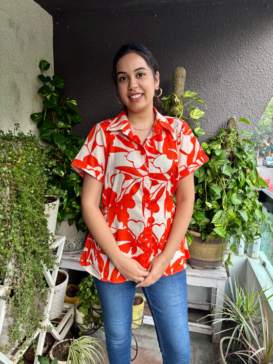 Orange Floral Print Cotton Shirt