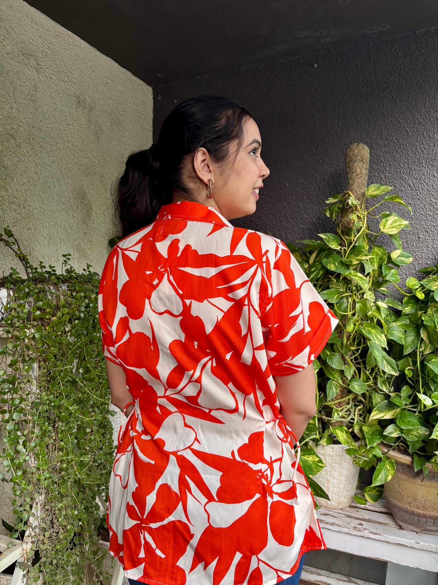 Orange Floral Print Cotton Shirt